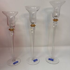 Set of 3 International Silver Company Clear Glass Candlesticks With Gold Bead